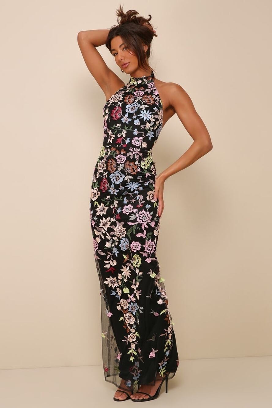 NWT Lulus Infinite Praise Black 3D Floral Embroidered Halter Maxi Dress Size M